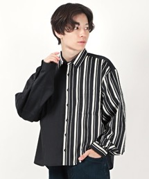 無地×ストライプ切替アシンメトリー長袖ビッグシャツ