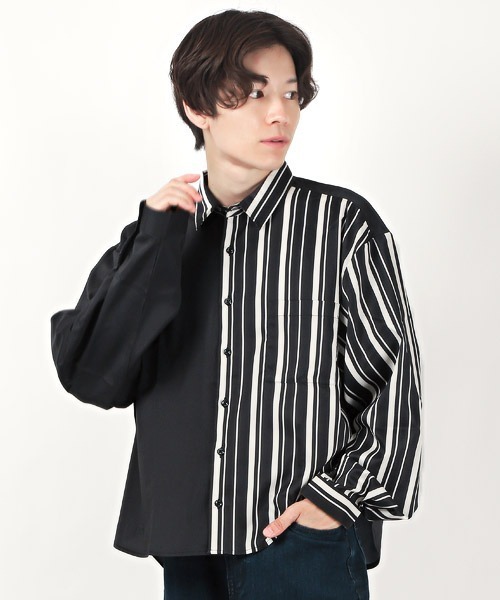 LUXSTYLE(ラグスタイル)の「無地×ストライプ切替アシンメトリー長袖ビッグシャツ(シャツ/ブラウス・メンズ・ホワイト/ブラック・M/L)」の2枚目の写真