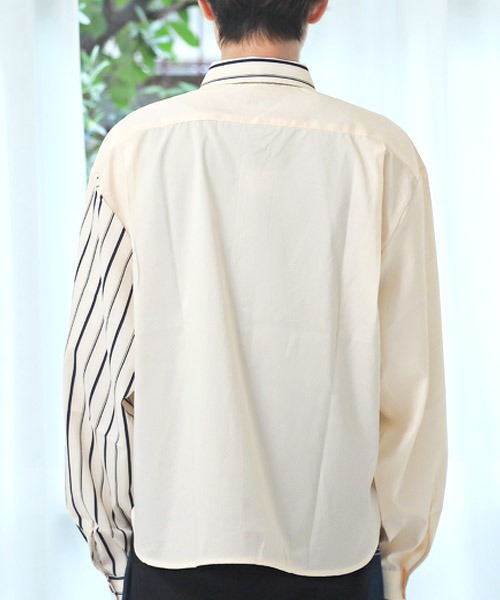 LUXSTYLE(ラグスタイル)の「無地×ストライプ切替アシンメトリー長袖ビッグシャツ(シャツ/ブラウス・メンズ・ホワイト/ブラック・M/L)」の3枚目の写真