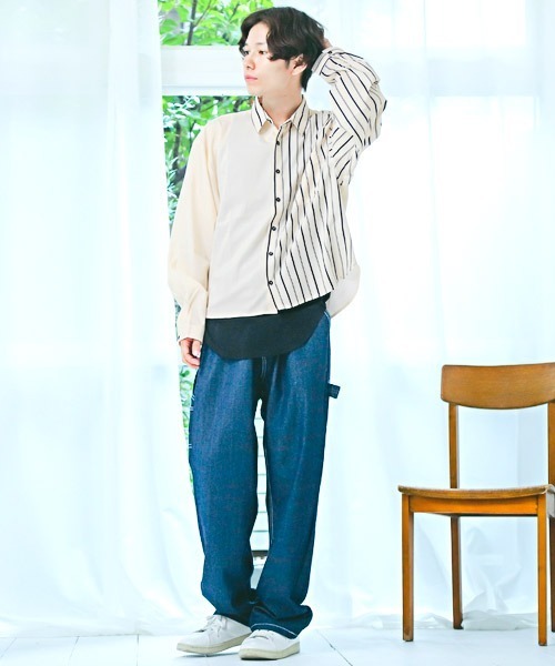 LUXSTYLE(ラグスタイル)の「無地×ストライプ切替アシンメトリー長袖ビッグシャツ(シャツ/ブラウス・メンズ・ホワイト/ブラック・M/L)」の5枚目の写真