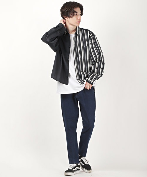 LUXSTYLE(ラグスタイル)の「無地×ストライプ切替アシンメトリー長袖ビッグシャツ(シャツ/ブラウス・メンズ・ホワイト/ブラック・M/L)」の6枚目の写真
