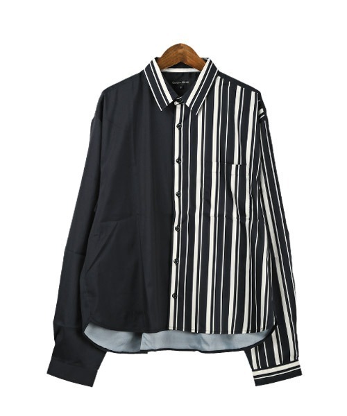 LUXSTYLE(ラグスタイル)の「無地×ストライプ切替アシンメトリー長袖ビッグシャツ(シャツ/ブラウス・メンズ・ホワイト/ブラック・M/L)」の8枚目の写真