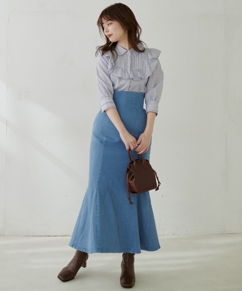 natural couture（ナチュラルクチュール）の「【WEB限定】ハイウエストマーメイドスカート（スカート・レディース・その他1/イエロー/アイボリー/スミクロ・MEDIUM/SMALL）」の10枚目の写真