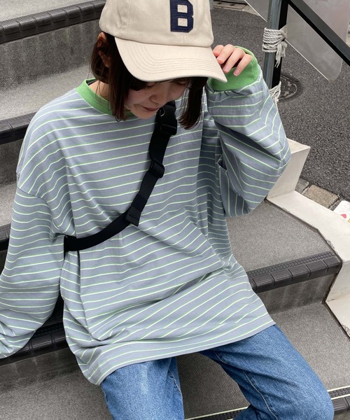 WEGO（ウィゴー）の「WEGO/マルチボーダーBIGロンT（Tシャツ/カットソー・メンズ・サックスブルー/ホワイト/ダークグリーン・LARGE/MEDIUM）」の9枚目の写真