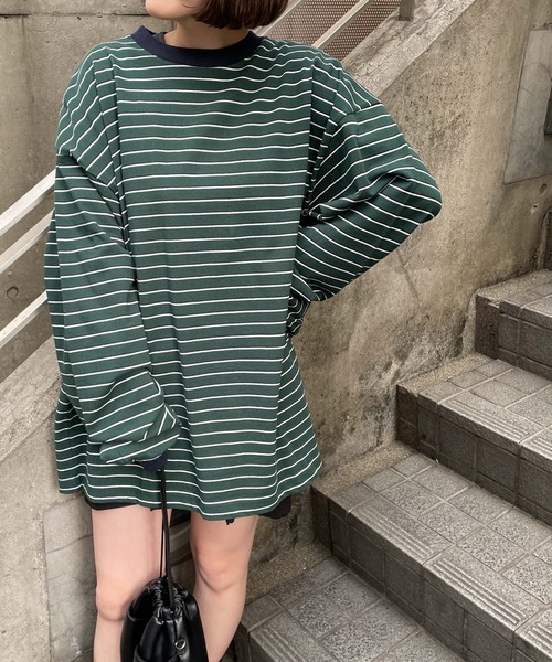 WEGO（ウィゴー）の「WEGO/マルチボーダーBIGロンT（Tシャツ/カットソー・メンズ・サックスブルー/ホワイト/ダークグリーン・LARGE/MEDIUM）」の6枚目の写真