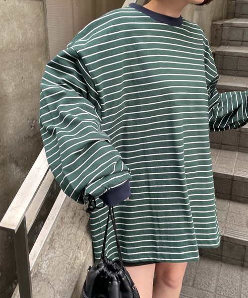 WEGO（ウィゴー）の「WEGO/マルチボーダーBIGロンT（Tシャツ/カットソー・メンズ・サックスブルー/ホワイト/ダークグリーン・LARGE/MEDIUM）」の8枚目の写真