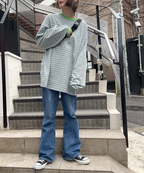 WEGO（ウィゴー）の「WEGO/マルチボーダーBIGロンT（Tシャツ/カットソー・メンズ・サックスブルー/ホワイト/ダークグリーン・LARGE/MEDIUM）」の5枚目の写真