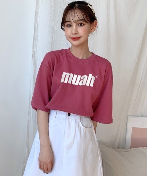 muahmuah（ムーアムーア）の「A'GEM/9 × .kom『muah muah』BALANCE MUAHLOGO T-SHIRT/バランスロゴ オーバーサイズ半袖Tシャツ/カットソー（Tシャツ/カットソー・レディース・ホワイト/ブラック/ネイビー/パープル/ライトパープル/イエロー/ピンク・FREE）」の7枚目の写真
