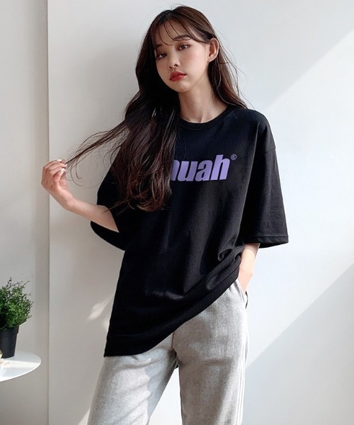 muahmuah（ムーアムーア）の「A'GEM/9 × .kom『muah muah』BALANCE MUAHLOGO T-SHIRT/バランスロゴ オーバーサイズ半袖Tシャツ/カットソー（Tシャツ/カットソー・レディース・ホワイト/ブラック/ネイビー/パープル/ライトパープル/イエロー/ピンク・FREE）」の18枚目の写真