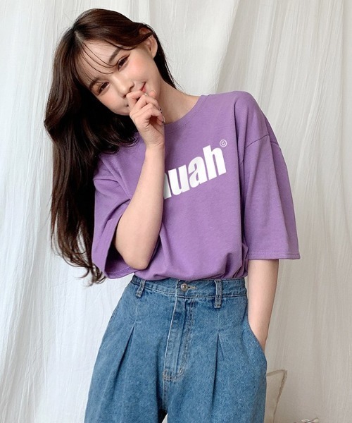 muahmuah（ムーアムーア）の「A'GEM/9 × .kom『muah muah』BALANCE MUAHLOGO T-SHIRT/バランスロゴ オーバーサイズ半袖Tシャツ/カットソー（Tシャツ/カットソー・レディース・ホワイト/ブラック/ネイビー/パープル/ライトパープル/イエロー/ピンク・FREE）」の13枚目の写真