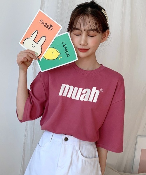 muahmuah（ムーアムーア）の「A'GEM/9 × .kom『muah muah』BALANCE MUAHLOGO T-SHIRT/バランスロゴ オーバーサイズ半袖Tシャツ/カットソー（Tシャツ/カットソー・レディース・ホワイト/ブラック/ネイビー/パープル/ライトパープル/イエロー/ピンク・FREE）」の11枚目の写真