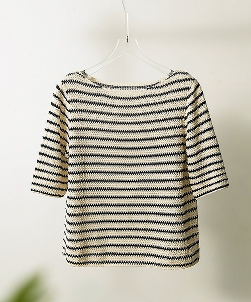 LOPASS(ロパス)の「半袖ボーダー柄ニットトップス(Tシャツ/カットソー・レディース・ベージュ・FREE)」の6枚目の写真