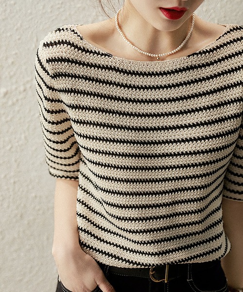 LOPASS(ロパス)の「半袖ボーダー柄ニットトップス(Tシャツ/カットソー・レディース・ベージュ・FREE)」の2枚目の写真