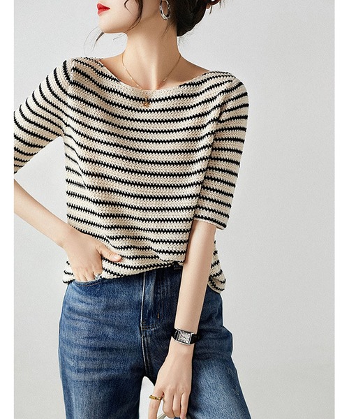 LOPASS(ロパス)の「半袖ボーダー柄ニットトップス(Tシャツ/カットソー・レディース・ベージュ・FREE)」の4枚目の写真