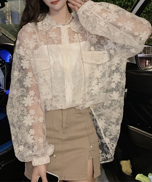 me+em select（ミームセレクト）の「花柄刺繍シアーレースビッグシルエットジャケット（ナイロンジャケット・レディース・ベージュ/アイボリー・FREE）」の11枚目の写真