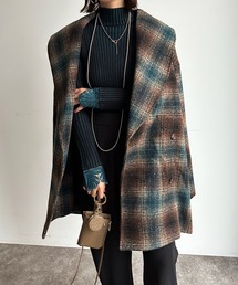 【WEB限定】チェック柄ショールカラーミドル丈コート