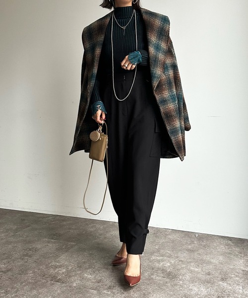 DouDou（ドゥドゥ）の「【WEB限定】チェック柄ショールカラーミドル丈コート（その他アウター・レディース・グリーン/ブラウン・FREE）」の12枚目の写真