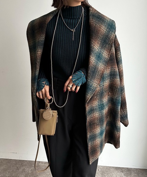 DouDou（ドゥドゥ）の「【WEB限定】チェック柄ショールカラーミドル丈コート（その他アウター・レディース・グリーン/ブラウン・FREE）」の17枚目の写真
