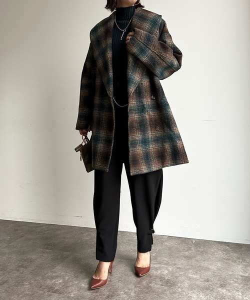 DouDou（ドゥドゥ）の「【WEB限定】チェック柄ショールカラーミドル丈コート（その他アウター・レディース・グリーン/ブラウン・FREE）」の14枚目の写真