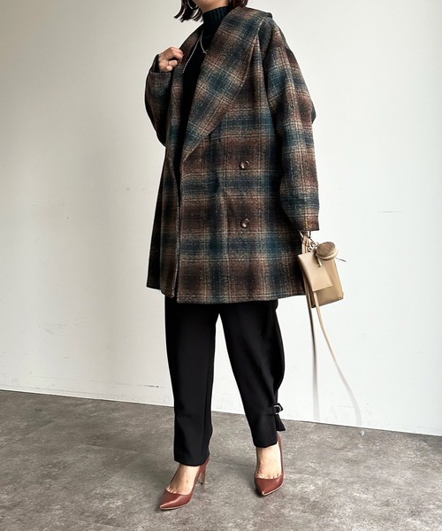 DouDou（ドゥドゥ）の「【WEB限定】チェック柄ショールカラーミドル丈コート（その他アウター・レディース・グリーン/ブラウン・FREE）」の15枚目の写真