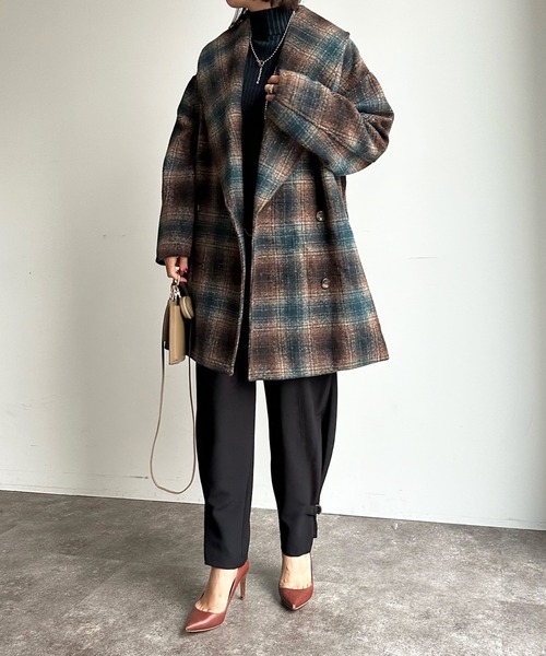 DouDou（ドゥドゥ）の「【WEB限定】チェック柄ショールカラーミドル丈コート（その他アウター・レディース・グリーン/ブラウン・FREE）」の16枚目の写真