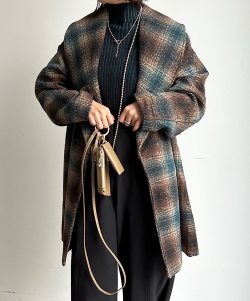 DouDou（ドゥドゥ）の「【WEB限定】チェック柄ショールカラーミドル丈コート（その他アウター・レディース・グリーン/ブラウン・FREE）」の19枚目の写真