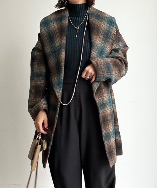 DouDou（ドゥドゥ）の「【WEB限定】チェック柄ショールカラーミドル丈コート（その他アウター・レディース・グリーン/ブラウン・FREE）」の20枚目の写真