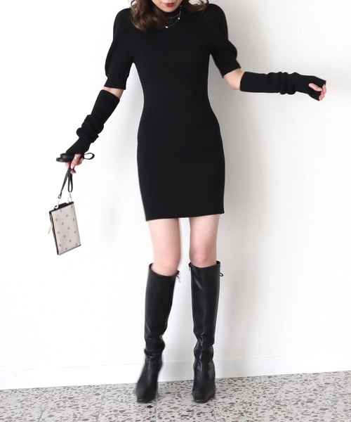 ROYAL PARTY（ロイヤルパーティー）の「アームウォーマー付タイトミニワンピース（ワンピース・レディース・パープル/ブラック/オフホワイト・FREE）」の2枚目の写真