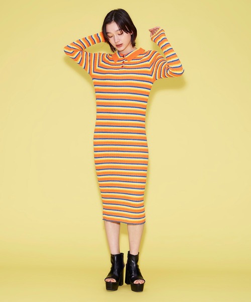 【美品】ミナ ペルホネン アルパカ混 ボーダー ニットワンピース マルチカラー マルチボーダーニットワンピース [E3279] - レディース