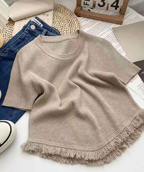 SPIGA（スピーガ）の「裾ﾌﾘﾝｼﾞ半袖ﾘﾌﾞﾆｯﾄ（その他トップス・レディース・ピンク/ブラック/ベージュ/ホワイト・FREE）」の4枚目の写真