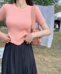 裾ﾌﾘﾝｼﾞ半袖ﾘﾌﾞﾆｯﾄ