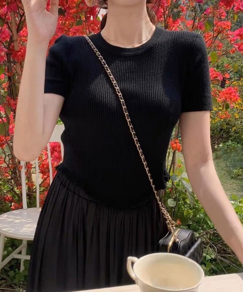 SPIGA（スピーガ）の「裾ﾌﾘﾝｼﾞ半袖ﾘﾌﾞﾆｯﾄ（その他トップス・レディース・ピンク/ブラック/ベージュ/ホワイト・FREE）」の3枚目の写真