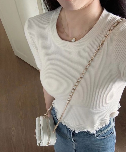 SPIGA（スピーガ）の「裾ﾌﾘﾝｼﾞ半袖ﾘﾌﾞﾆｯﾄ（その他トップス・レディース・ピンク/ブラック/ベージュ/ホワイト・FREE）」の11枚目の写真