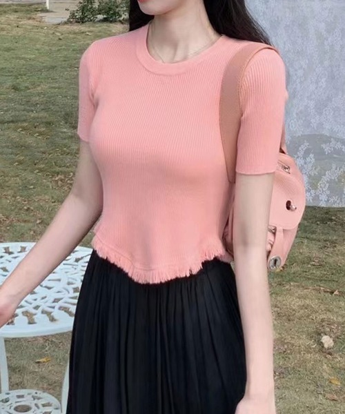 SPIGA（スピーガ）の「裾ﾌﾘﾝｼﾞ半袖ﾘﾌﾞﾆｯﾄ（その他トップス・レディース・ピンク/ブラック/ベージュ/ホワイト・FREE）」の12枚目の写真