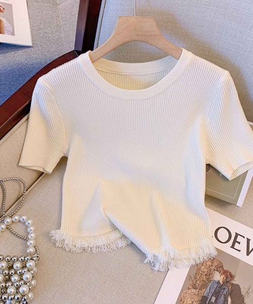 SPIGA（スピーガ）の「裾ﾌﾘﾝｼﾞ半袖ﾘﾌﾞﾆｯﾄ（その他トップス・レディース・ピンク/ブラック/ベージュ/ホワイト・FREE）」の10枚目の写真