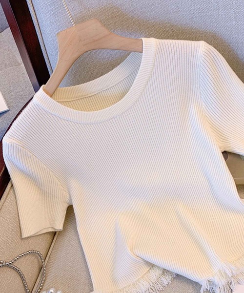 SPIGA（スピーガ）の「裾ﾌﾘﾝｼﾞ半袖ﾘﾌﾞﾆｯﾄ（その他トップス・レディース・ピンク/ブラック/ベージュ/ホワイト・FREE）」の9枚目の写真