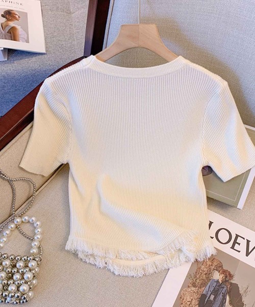 SPIGA（スピーガ）の「裾ﾌﾘﾝｼﾞ半袖ﾘﾌﾞﾆｯﾄ（その他トップス・レディース・ピンク/ブラック/ベージュ/ホワイト・FREE）」の6枚目の写真