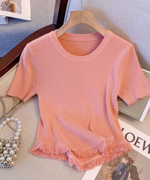 SPIGA（スピーガ）の「裾ﾌﾘﾝｼﾞ半袖ﾘﾌﾞﾆｯﾄ（その他トップス・レディース・ピンク/ブラック/ベージュ/ホワイト・FREE）」の5枚目の写真