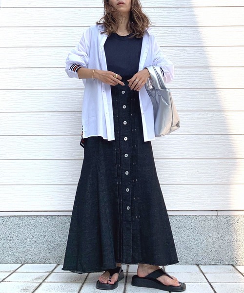 Q（キュー）の「リブドッキングシャツ（シャツ/ブラウス・レディース・ブルー系/アイボリー/ネイビー×ホワイト・MEDIUM）」の8枚目の写真