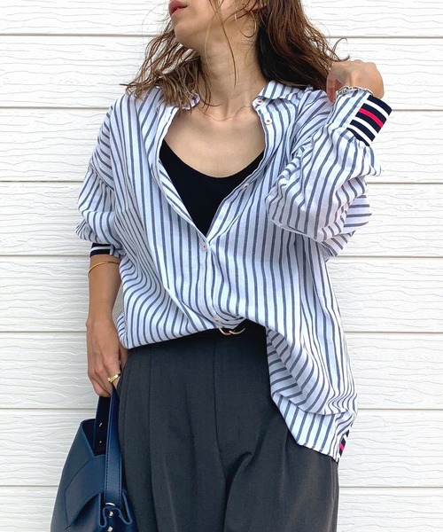 Q（キュー）の「リブドッキングシャツ（シャツ/ブラウス・レディース・ブルー系/アイボリー/ネイビー×ホワイト・MEDIUM）」の7枚目の写真