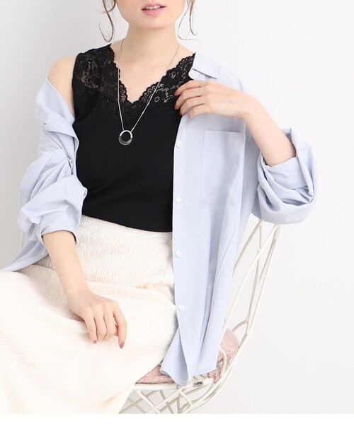 DRESKIP（ドレスキップ）の「◆【吸水速乾】インナーもかわいく! 衿レースタンクトップ（タンクトップ・レディース・ブラック/オフホワイト/サンドベージュ・02/03/04）」の2枚目の写真