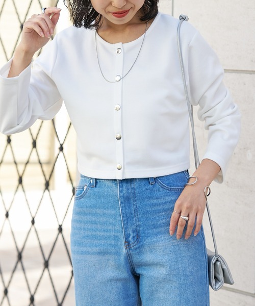 COLONY 2139（コロニートゥーワンスリーナイン）の「前後２WAY ライトダンボールドットボタンクロップトカーディガン（カーディガン/ボレロ・レディース・ホワイト/ブラック/ブルー/グリーン・FREE）」の5枚目の写真