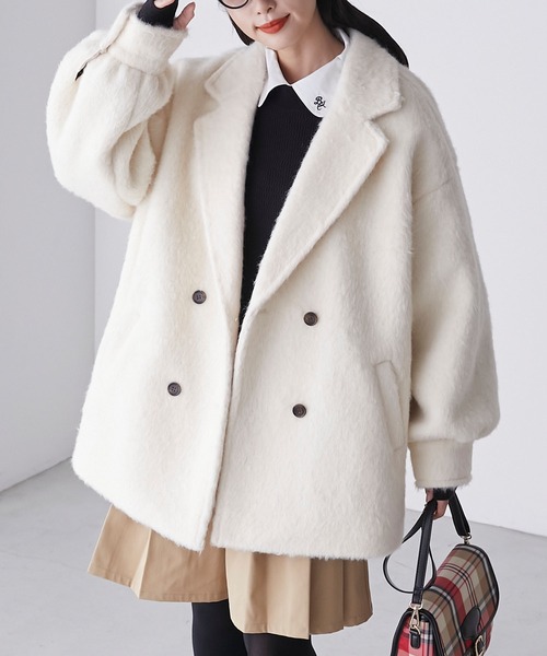 BONLECILL（ボンルシール）の「シャギーメルトンミドル丈コート（チェスターコート・レディース・アイボリー/チャコールグレー・FREE）」の2枚目の写真