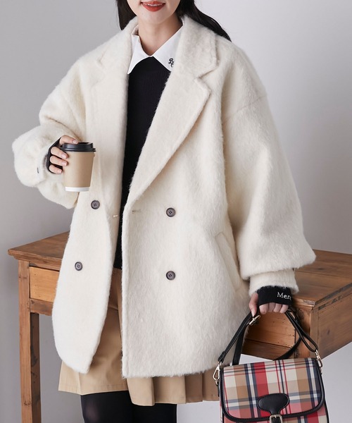 BONLECILL（ボンルシール）の「シャギーメルトンミドル丈コート（チェスターコート・レディース・アイボリー/チャコールグレー・FREE）」の9枚目の写真