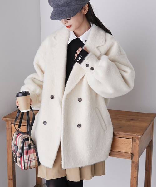 BONLECILL（ボンルシール）の「シャギーメルトンミドル丈コート（チェスターコート・レディース・アイボリー/チャコールグレー・FREE）」の11枚目の写真