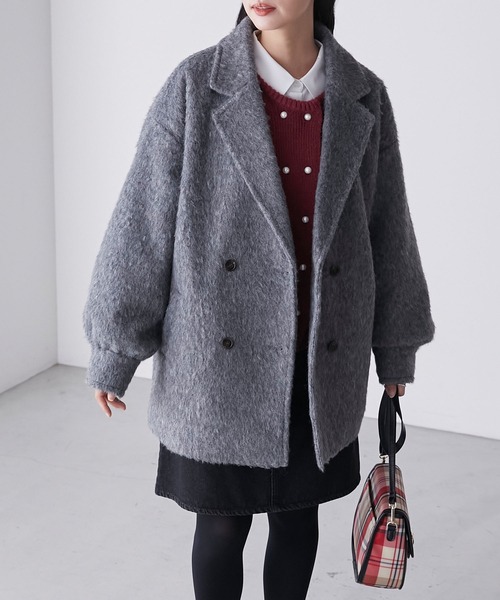 BONLECILL（ボンルシール）の「シャギーメルトンミドル丈コート（チェスターコート・レディース・アイボリー/チャコールグレー・FREE）」の12枚目の写真