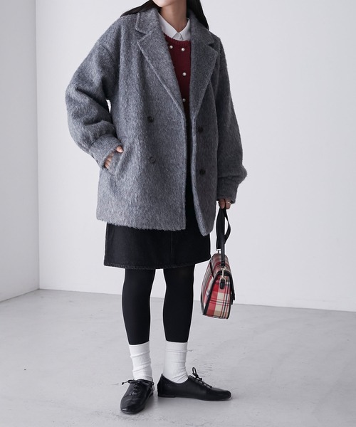 BONLECILL（ボンルシール）の「シャギーメルトンミドル丈コート（チェスターコート・レディース・アイボリー/チャコールグレー・FREE）」の16枚目の写真