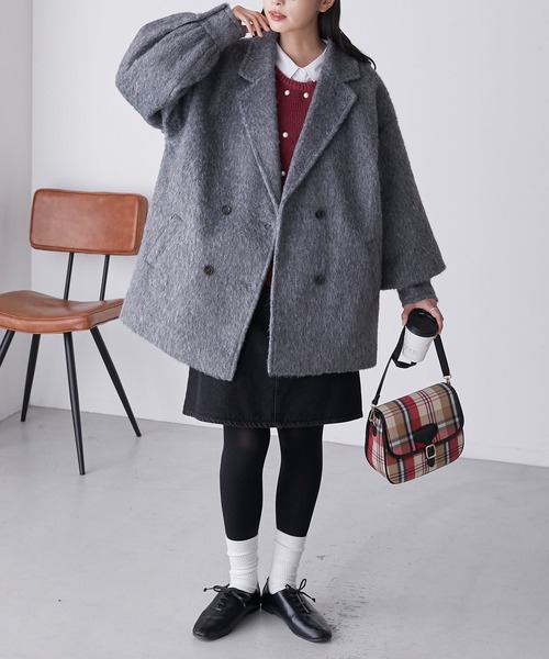 BONLECILL（ボンルシール）の「シャギーメルトンミドル丈コート（チェスターコート・レディース・アイボリー/チャコールグレー・FREE）」の19枚目の写真