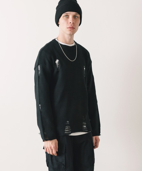 Theater code（シアターコード）の「▲damage design knit/ダメージ デザイン ニット（ニット/セーター・メンズ・ブラック/グレー・M/L/XL）」の11枚目の写真