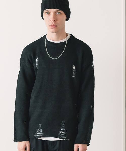 Theater code（シアターコード）の「▲damage design knit/ダメージ デザイン ニット（ニット/セーター・メンズ・ブラック/グレー・M/L/XL）」の13枚目の写真